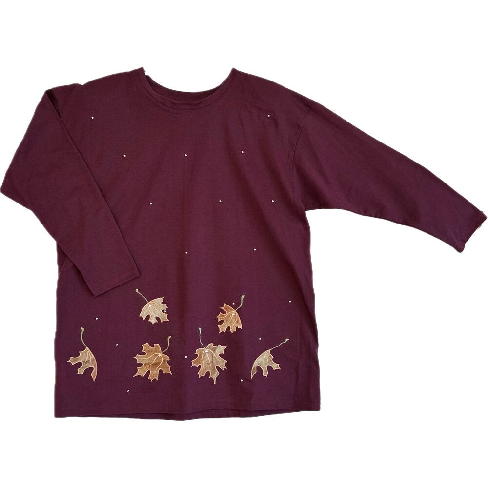 SUPERLINE Vintage Cotton Long Sleeve Tee Shirt Women's One Size Burgundy Leaves